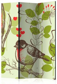 Paravento design Uccello e gigli - motivo vintage (3 parti) - fiori e foglie verdi