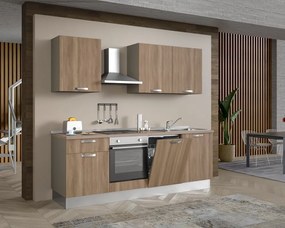 Cucina montata Dora rovere chiaro, lavello a destra, L 240 cm, completa di: cappa a camino, piano cottura a induzione, forno, frigorifero