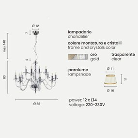 Lampada a sospensione D85 cm BACH con paralume in vetro trasparente 12 LUCI ORO