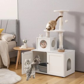 Costway Casa per lettiera per gatti in legno con torre pallina tintinnante divisorio, Mobile per gatti da interno 2 Colori