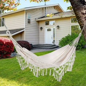 Amaca da Giardino Sospesa 288x150 cm in Tela con Frange Stile Boho Crema...