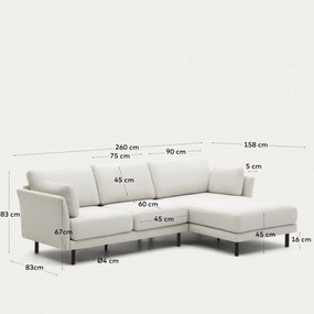 Kave Home - Divano 3 posti Gilma tessuto perla chaise longue destra/sinistra e piedi neri 261 cm