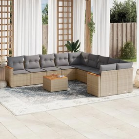 Set Divano da Giardino 11 pz con Cuscini Beige Misto Polyrattan