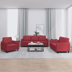 Set Di Divani 3 Pz Con Cuscini Rosso Vino İn Similpelle /