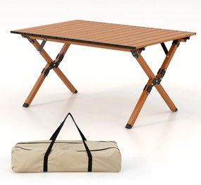 Costway Tavolo da campeggio pieghevole in alluminio, Tavolo da picnic effetto legno con borsa da trasporto Naturale