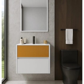 Mobile da bagno sospeso sotto lavabo Niwa 2 cassetti L 59.5 x H 50 x P 45.5 cm bianco e senape cannettato