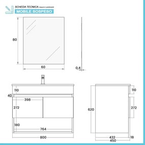 Mobile bagno sospeso 80 cm bianco e rovere con ante e vano a giorno Kleo