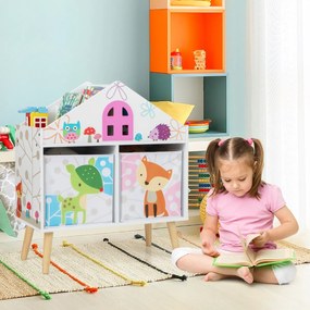 Costway Libreria a forma di casa per bambini, Scaffale libreria in legno con 2 contenitori rimovibili gambe in legno massello Bianco