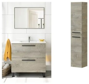 Mobile Bagno 80 Cm 2 Cassetti Con Piedini Lavabo Specchio E Colonna Athena Rovere Alaska