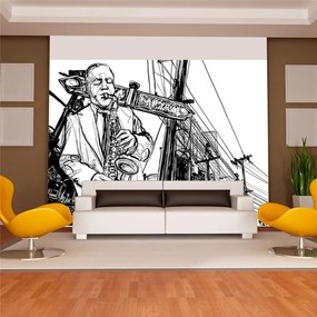 Fotomurale  Saxophone recital on Broadway  Colore bianco e nero, Dimensioni e Misure 350x270