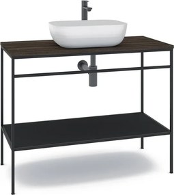 Mobile bagno da terra con lavabo e top laminato fumé, lavabo d'appoggio geo, mensola laccato nero opaco - struttura e porta asciugamani laccato nero opaco - l.100*h.77*p.45,5cm.