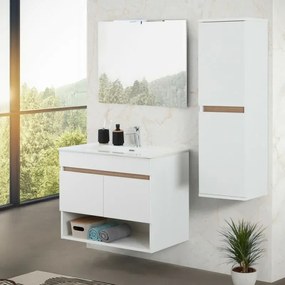 Mobile bagno sospeso 80 cm bianco e rovere con ante e vano a giorno Kleo