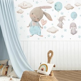 Adesivi per bambini - Coniglietti in design azzurro con palloncini | Inspio