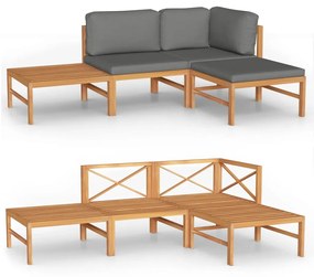 Set Divani da Giardino 4pz Cuscini Grigi Legno Massello di Teak