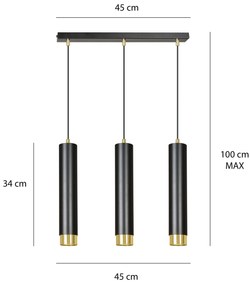 Lampadario 3 Luci Kibo In Acciaio Nero E Tubolari In Nero E Oro