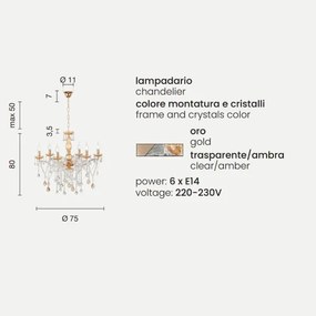 Lampadario a sospensione DAMASCO D75 cm con decorazioni in cristallo Ambra 6 Luci
