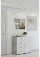 Credenza Violetta, Mobile buffet a 1 anta e 4 cassetti, Madia da soggiorno, Armadietto multiuso con ripiani, Made in Italy, Cm 90x41h87, Bianco e Cemento