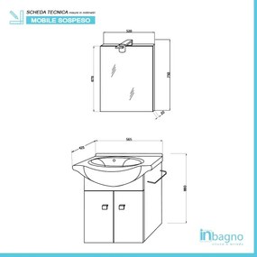 Mobiletto da bagno sospeso 55 cm rovere bianco con lavabo e specchio incluso