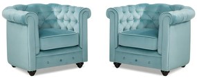 Lotto di 2 poltrone  CHESTERFIELD in velluto Azzurro pastello