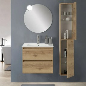 Mobile bagno sospeso 60cm in legno quercia naturale 2 cassettoni con lavabo e specchio Leda