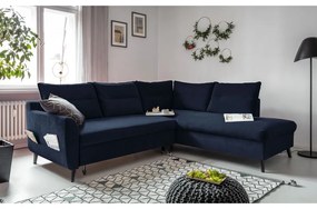 Divano letto angolare in velluto blu scuro L, angolo destro Stylish Stan - Miuform