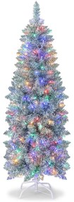 Costway Albero di Natale artificiale con luci LED colorate base in metallo pieghevole, Albero di Natale slim da 150/180cm