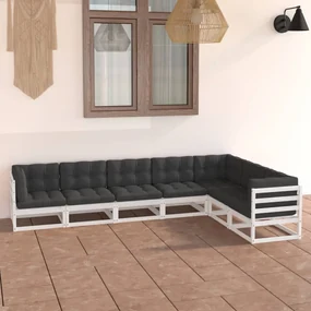 Set divani da giardino 7 pz con cuscini massello di pino bianco