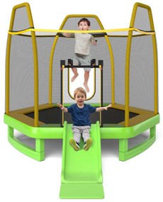 Costway Trampolino elastico per bambini con scivolo scaletta diametro 223cm, Saltarello con struttura in metallo Verde