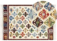 Tappeto Kilim multicolore in lana 160 x 230 cm Tessuto a mano a trama piatta con motivi orientali e frange tradizionale