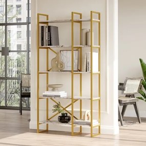 Libreria Oro 88x30x175 Cm 5 Ripiani Effetto Marmo Doppio Modulo Decus