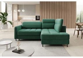 Divano angolare verde allungabile/con contenitore (con penisola a destra/a L) e rivestimento in velluto Barea – ELTAP