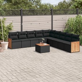 Set divani da giardino 10pz con cuscini in polyrattan nero