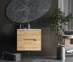 Mobile bagno rovere chiaro 60x46 Urbino con lavabo in ceramica due cassetti e maniglie a gola