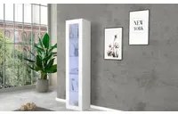 Vetrina a colonna con anta a vetro, Made in Italy, con luce LED blu, Credenza con ripiani, Vetrinetta da soggiorno, cm 40x30h180, colore Bianco lucido