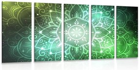 Quadri 5 pezzi – Mandala con sfondo galattico in tonalità di verde