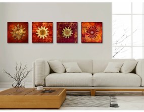 Quadro moderno Volto del sole (4 pezzi) - collage di ornamenti dorati e rossi
