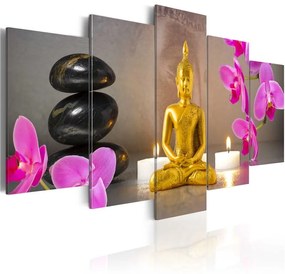 Quadro Buddha d'oro e orchidee  Colore Nero, Dimensioni e Misure 200x100