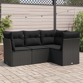 Set divani da giardino 4 pz con cuscini nero in polyrattan