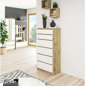 Cassettiera Moderna 60x40x130 Cm 6 Cassetti Bianco E Rovere Effetto Legno Artika