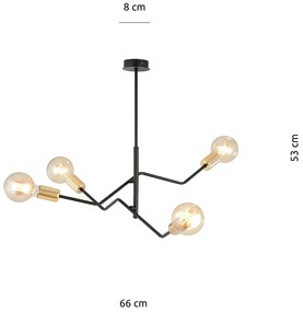 Sospensione Industrial 4 Luci Temi In Acciaio Nero E Oro Bracci Regolabili