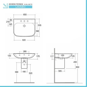 Lavabo sospeso 65 cm con semicolonna in ceramica bianco lucido
