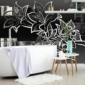 Carta da parati autoadesiva – Illustrazione floreale in bianco e nero
