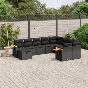 Set divani da giardino 10pz con cuscini in polyrattan nero