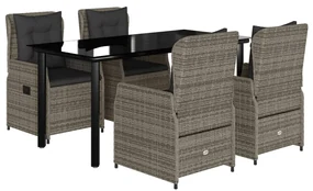 Set da pranzo da giardino 5 pz con cuscini in polyrattan grigio