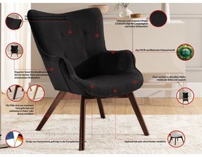 Poltrona con poggiapiedi nera con rivestimento in velluto a coste Niko – Ropez