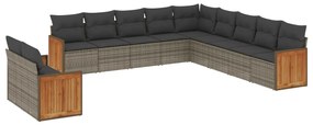 Set divani da giardino 11 pz con cuscini in polyrattan grigio