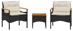 Set divani da giardino 3 pz con cuscini in polyrattan nero