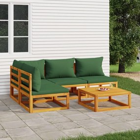 Set salotto da giardino 5pz con cuscini verdi legno massello