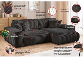 Divano angolare con penisola a destra grigio scuro e rivestimento in velluto a coste allungabile e con contenitore Sarina – Ropez