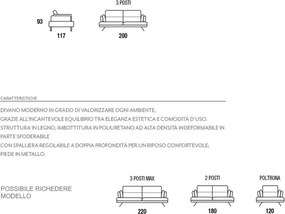 Divano tessuto antimacchia L200 cm spalliera regolabile - Liff Grigio